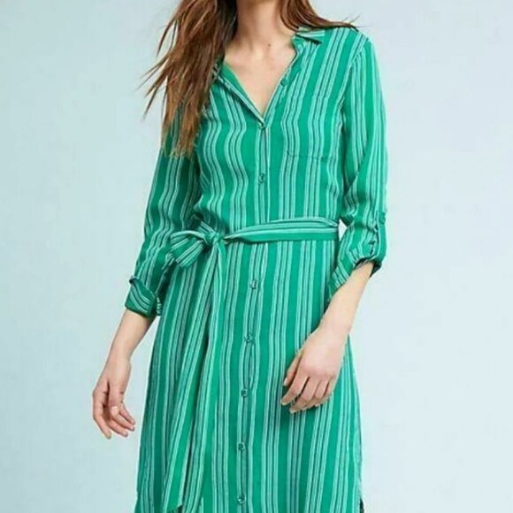 Anthropologie Belted Shirt Dress 0 Green Striped Long Sleeve Midi Lightweight - Picture 5 of 8